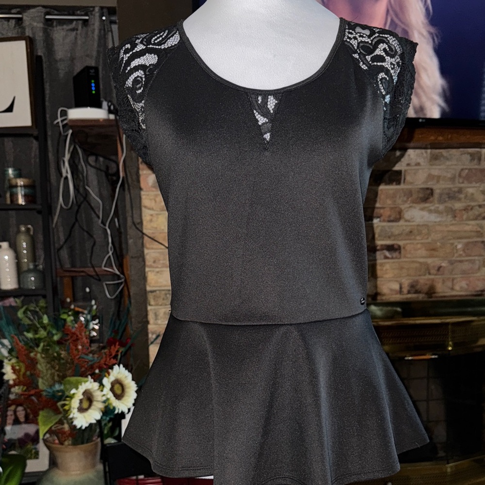Guess Black Lace Accent Peplum Top